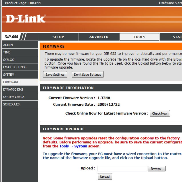 Downgrade D-Link DIR-655 1.3x Firmware