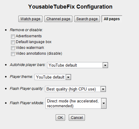 YousableTubeFix Configuration Window YousableTubeFix Configuration Window