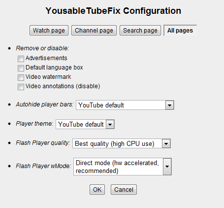 YousableTubeFix Configuration Window